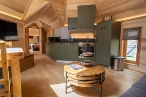 a kitchen with green cabinets and a table in a room at Les Kotas du bonheur in Soultzeren