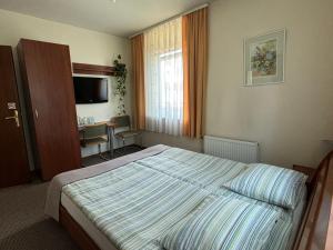 a hotel room with a bed and a desk in it at Livonija in Sigulda
