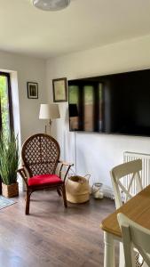 a living room with a chair and a television at Amazing Cambridge house in Chesterton