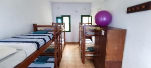 a room with four bunk beds and a purple balloon at Hostal Albergue Garafía El Tablado in Tablado de la Montañeta