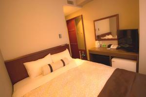 um quarto de hotel com uma cama e um espelho em Kuretake-Inn Tokyo Funabori em Tóquio