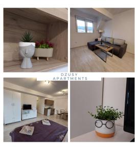un collage de trois photos d'un salon dans l'établissement Dzusy Apartments, à Ohrid