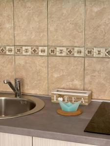 a kitchen counter with a sink and a plate with the words i hate at Apartman DMA in Tivat
