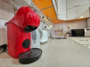 a red appliance sitting on top of a kitchen counter at Lalovina Apartment in Herceg-Novi +22 photos