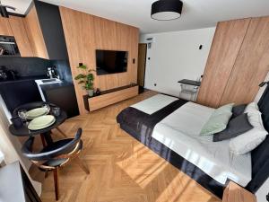 a bedroom with a bed and a table and a television at Ergo Jelitkowo Gdańsk Sopot 600m Do Plaży Parking in Gdańsk