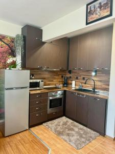 a kitchen with wooden cabinets and a white refrigerator at Cozy Seaside Getaway One Bedroom Apartment Moni in Sveti Vlas in Sveti Vlas