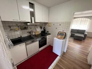 a small kitchen with white cabinets and a red rug at Modernes Apartment Saarbrücken in Saarbrücken