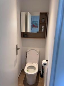 une petite salle de bain avec toilettes et miroir dans l'établissement Studio bord de mer, à Saint-Raphaël