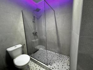 a bathroom with a toilet and a glass shower at Lyda Apartment in Alexandroupoli +12 photos