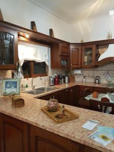 a kitchen with wooden cabinets and a counter top at HoneyHouse in Kádhion