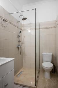 Un baño con inodoro y ducha de cristal. en Eveniki house, en Pelekas 10 fotos más