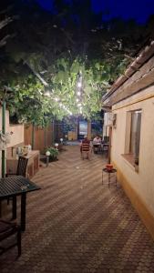 a patio with trees and chairs and a building at Marsali Vila in Constanţa