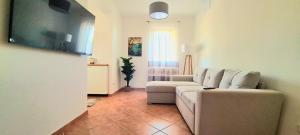 a living room with a couch and a tv at Bellalisa Tuscany Appartement in Sarteano