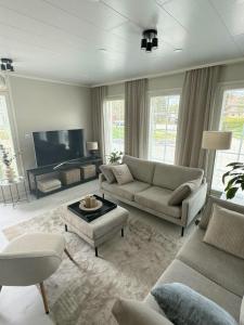 ein Wohnzimmer mit Sofa und Fernseher in der Unterkunft Villa Alicia, oma 85 m2 talo, ilmastointi in Kokkola