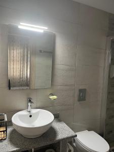 a bathroom with a sink and a toilet and a mirror at Dolphin Apartments 1 in Parga