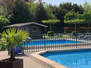 a swimming pool next to a fence with a house at Nieuw!! Chalet De Luxe 4 persoons met airco in Oorsbeek