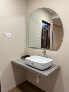 a bathroom with a sink and a mirror at Nature Fruit Farm - Private Estate in Balik Pulau