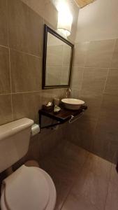 une salle de bain avec des toilettes blanches et un lavabo dans l'établissement CABAÑA EN BARILOCHE, à San Carlos de Bariloche