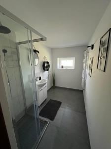 a bathroom with a glass shower and a sink at Apartament Koninki in Poręba Wielka +3 photos