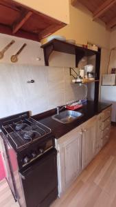une cuisine avec une cuisinière et un évier dans l'établissement CABAÑA EN BARILOCHE, à San Carlos de Bariloche