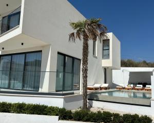 a house with a palm tree next to a swimming pool at Palmera Resort Saranda - Palmera Villa Resort in Sarandë