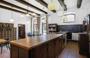 a large kitchen with a large wooden counter top at Ferienwohnungen Hof Luisenau in Temmen-Ringenwalde