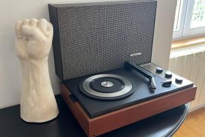 una statua di una mano che tiene un disco in vinile su un tavolo di Appartement Le Murmure du Millet a Mortagne-au-Perche