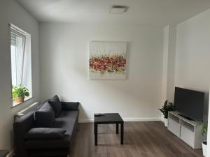 DierdorfにあるNeue Ferienwohnung Dierdorfのソファと壁に絵が飾られたリビングルーム