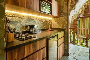 a kitchen with a stove and a counter top at Cabin Nestled in Bamboo Forest in Armenia