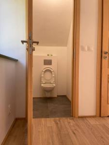 a bathroom with a toilet in a small room at Dom pod brzozami in Kierwik +23 photos
