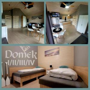 a collage of pictures of a bedroom and a living room at Domki DIAMENT, Comfortable Cottages near the Sea & Lake in Dziwnówek in Dziwnówek +119 photos