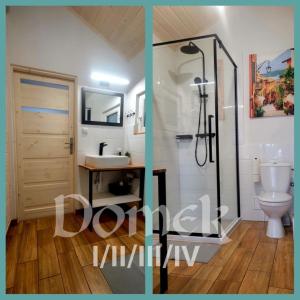 a bathroom with a shower and a sink and a toilet at Domki DIAMENT, Comfortable Cottages near the Sea & Lake in Dziwnówek in Dziwnówek