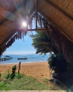 a view of a beach with a palm tree at Chalés do Pedro Hospedagem e Restaurante in Praia de Araçatiba