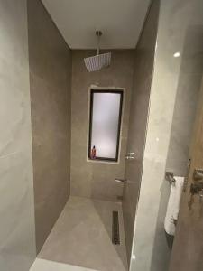 a bathroom with a shower with a mirror at Cozy Homes in Cairo