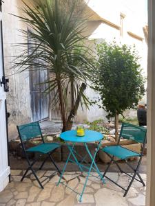 a blue table and two chairs and a palm tree at M&S STUDIO NEUF CLIMATISÉ CENTRE Historique in Vias