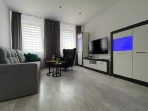 a living room with a couch and a television at Apartament EROS Rynek in Bolesławiec