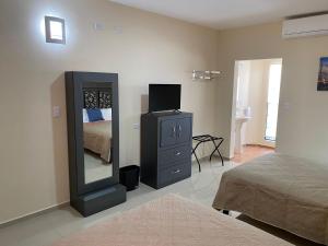 a bedroom with a mirror and a bed and a television at Hotel Vistas Juventud in Chihuahua