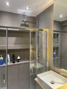 a bathroom with a shower and a white sink at M+V apartment in Alexandroupoli +8 photos