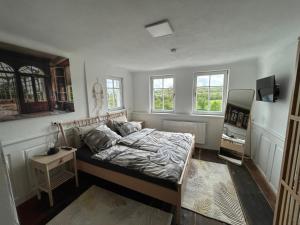 a bedroom with a bed and a tv and windows at 2 ZKB 65 m2 komplette Wohnung in Bad Friedrichshall