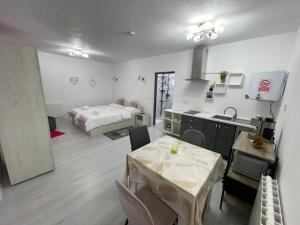 a kitchen with a table and a bed in a room at Ami's Home in Săpânța