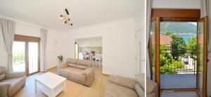 een woonkamer met een bank, stoelen en een tafel bij New modern place near seaside VLADAN in Kotor