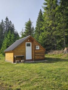 a small wooden cabin with a door in a field at Homestay Djerkovic in Žabljak