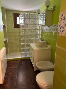 a green bathroom with a sink and a toilet at Alojamientos La Tercia in Benizar +50 photos
