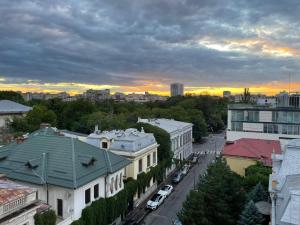 an overhead view of a city with a street and buildings at Caragiale Apartment in Bucharest