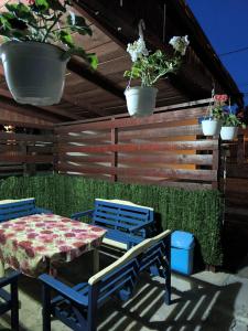 a patio with a table and chairs and potted plants at Casa de vacanță Anni - 2 min de piață in Eforie Nord