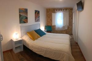 a bedroom with a bed and a window and a television at A casa de Flora in Noya