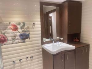 a bathroom with a sink and a shower at Efrosinis home in Néa Michanióna +13 photos