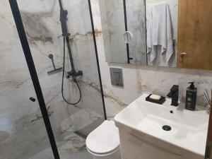a bathroom with a shower and a toilet and a sink at Apartment Dia in Makarska
