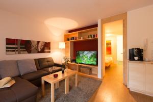 a living room with a couch and a television at Alpenappartement Bergkönig in Warth am Arlberg