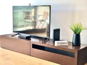 een televisie op een houten dressoir met een plant bij Oceanus in Horta